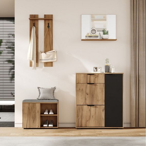 Flieks Garderoben-Set Garderobe mit 1 Spiegel, 2 Haken, Schuschrank und Sitzbank, (Set, 4-St), Flurmöbel-Set Schuhbank mit Sitzkissen, Schuhkommode mit 2 Klappen