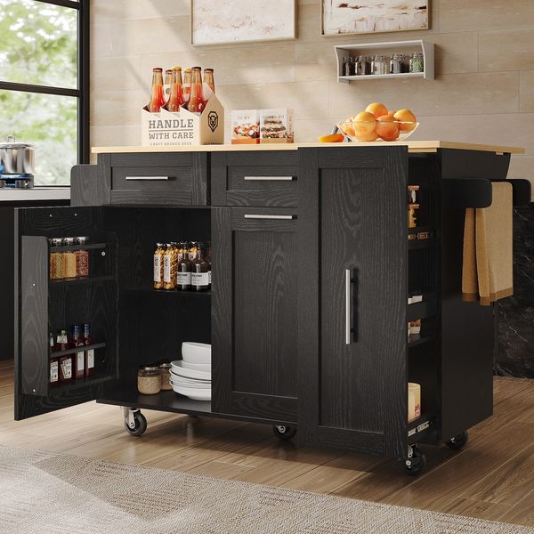 Kücheninsel H 90.5 x T 74 x B 110 cm, klappbare Tischplatte, MDF/Metall, schwarz