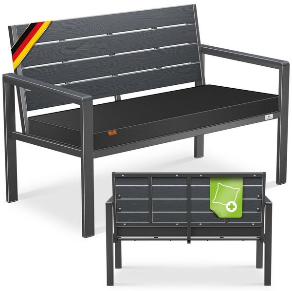KESSER® Gartenbank mit Kissen – Sitzbank Wetterfest 2-Sitzer Parkbank in Holzoptik Balkonbank für Garten Terrasse Balkon bis 300 kg belastbar UV-beständig inkl. abnehmbarem & waschbarem Polsterbezug Anthrazit / Anthrazit