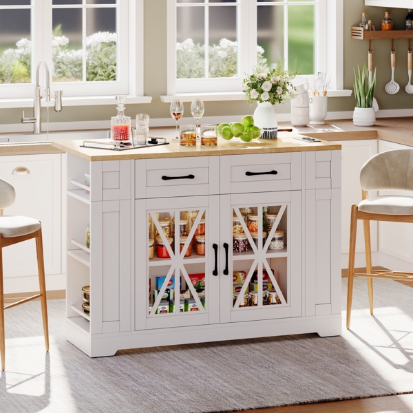 Merax 120cm Kücheninsel mit klappbarem Esstisch, offener Ablage, AC-Anschluss, USB-Anschluss, Glastür, verstellbares Laminat, Rollen mit Bremsen, weiß