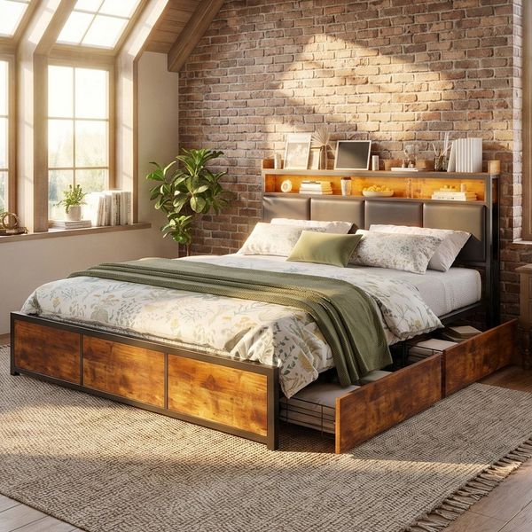 ADWOLT Stauraumbett Doppelbett Metallbett Mit LED-Beleuchtung und 4 Schubladen (Packung, 1-tlg, Jugendbett), 180x200 cm,Mit Kopfteil und Bettgestell,Kopfteil mit Lederbezug