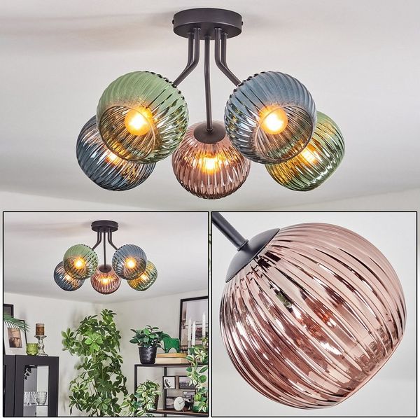 hofstein Deckenleuchte Deckenlampe aus Metall/Riffelglas in Schwarz/Gold/Blau/Kupfer, ohne Leuchtmittel, Deckenleuchte im Retro/Vintage-Design (Schirme Ø 15 cm), 5 x E14