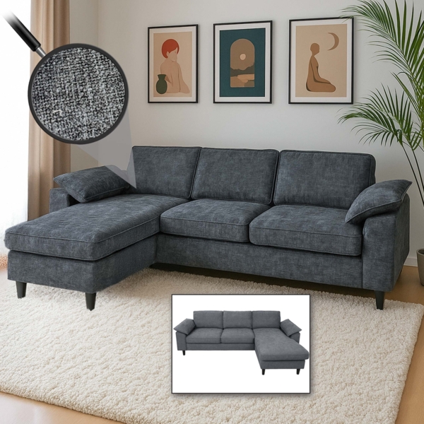 Sofa-Garnitur HWC-O71, Couch Sofa Ecksofa L-Form, Liegefläche links/rechts, Stoff/Textil Holz 84x229x140cm ~ dunkelgrau