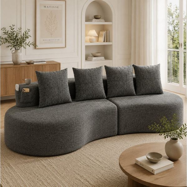 KLAM HOME Sofa Sofa 240 x 109 x 63 cm Leinenstoff, 4 Kissen 4-Sitzer Wohnzimmer, Hochdichtschaum Federstücke, Integrierter Tassenhalter, Atmungsaktiv Strapazierfähig, 250kg Tragfähigkeit Einfache Montage
