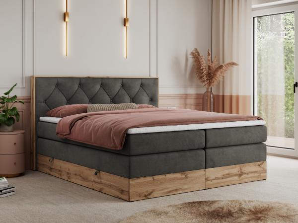 Boxspringbett VENETO KING, Doppelbett mit Multipocket-Matratze, Polsterbett mit Kopfstütze - 200 x 200 cm - Dunkelgrau Velvet - H3