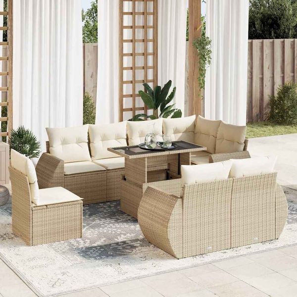 vidaXL 9-tlg. Garten-Sofagarnitur mit Kissen Beige Poly Rattan 3326659