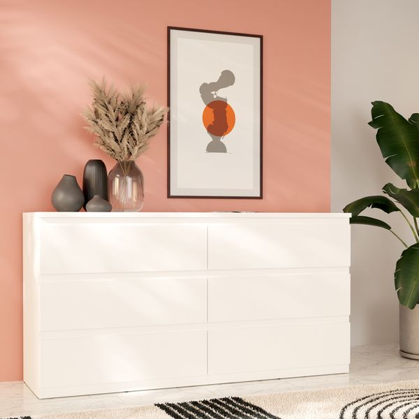 Forte EDMORE Kommode 150 160, moderne Kommode mit 6 Schubladen, Holzwerkstoff, Weiß, 153,9 cm breit x 79,8 cm hoch x 42,2 cm tief