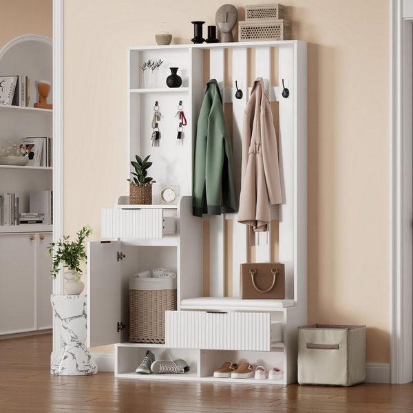 Merax Garderoben-Set 6-in-1 Garderobenständer in Weiß, (100x30x180cm, 1-St, Flurgarderoben Set Scandi, funktionale Kompaktgarderobe), mit 8 Haken, Schubladen, Schrank, Kippschutz, Schuhbank mit Sitzkissen