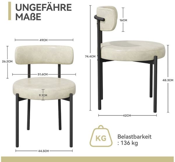 HawthyHome Esszimmerstuhl Runder Polsterstuhl mit Metallgestell, Wohnzimmerstuhl, Küchenstuhl (2 St), 2er Set