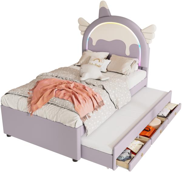 Merax 90*200cm Polsterbett, ausgestattet mit ausziehbares rollbett, PU-Material,Violett