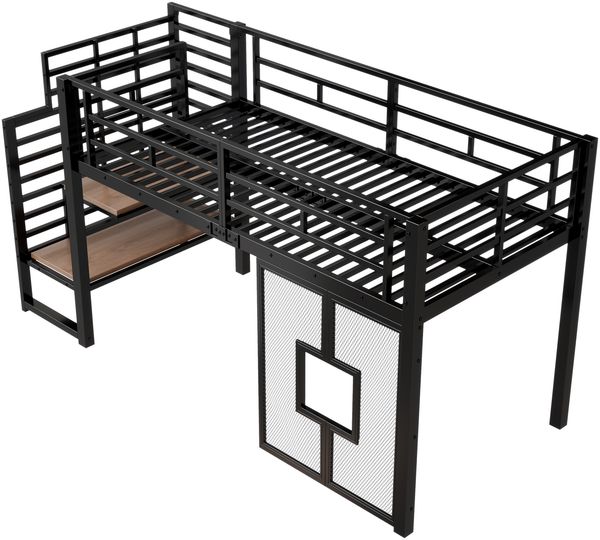 Merax Hochbett Kinderbett 90x200 cm Jugendbett großes Metall-Hochbettgestell mit Treppe, Stauraum, LED-Beleuchtung und Fenstern, Schwarz Bild 9