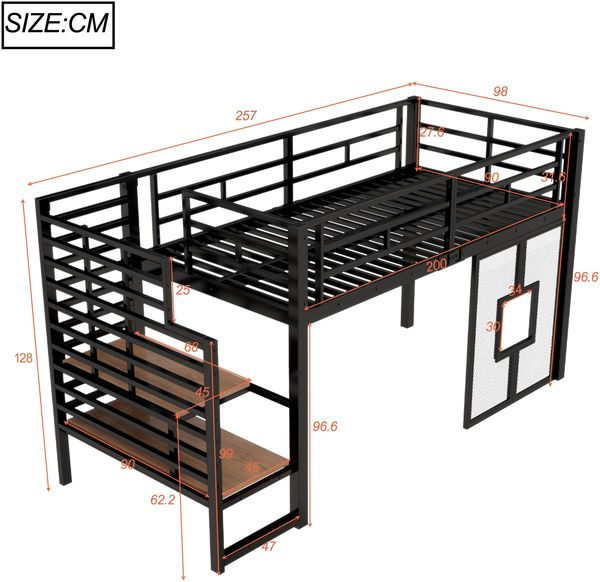 Merax Hochbett Kinderbett 90x200 cm Jugendbett großes Metall-Hochbettgestell mit Treppe, Stauraum, LED-Beleuchtung und Fenstern, Schwarz Bild 4