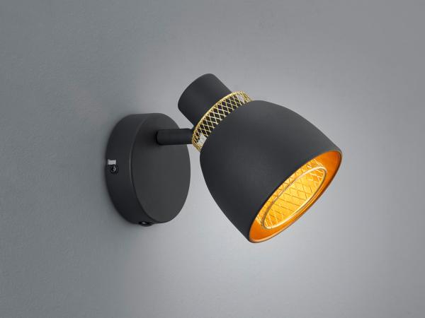 Wandstrahler PUNCH Metall Schwarz Gold mit Drahtgeflecht, Breite 10cm