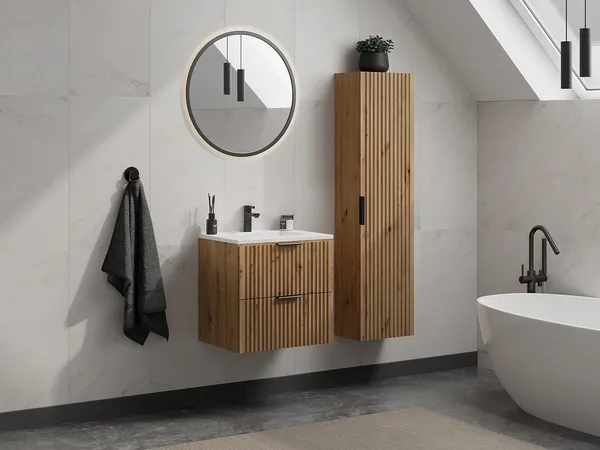 Vente-unique - ZEVARA Badezimmersäule und -regal Holz, Platte Beige - B 25 cm x H 140 cm x L 35 cm