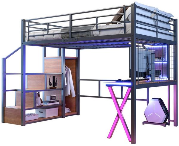 OKWISH Kinderbett Hochbett Funktionsbett Jugendbett Metallbett Eisenbett (mit Fernbedienbarem Ambientelicht, Aufbewahrungsleiter, Schreibtisch und Kleiderschrank, Optimale Raumnutzung für Kinderzimmer und Jugendzimmer 140x200cm), ohne Matratze