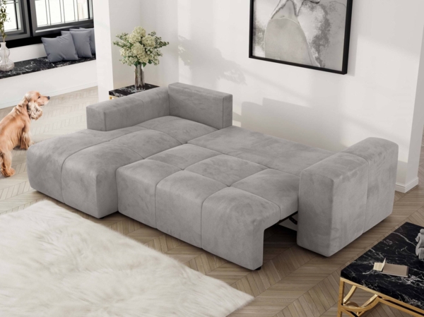 Ecksofa mit Schlaffunktion und Bettkasten, L-form Couch, lose Kissen, Polstersofa - MONIVA - Hellgrau Velours - linke Seite Bild 4