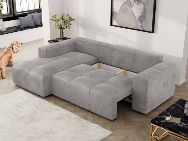 Ecksofa mit Schlaffunktion und Bettkasten, L-form Couch, lose Kissen, Polstersofa - MONIVA - Hellgrau Velours - linke Seite Bild 5