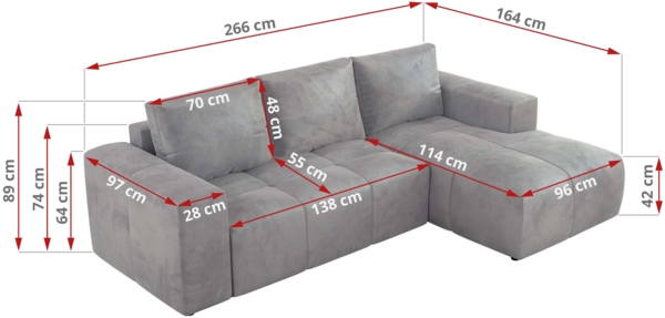 Ecksofa mit Schlaffunktion und Bettkasten, L-form Couch, lose Kissen, Polstersofa - MONIVA - Hellgrau Velours - linke Seite Bild 7