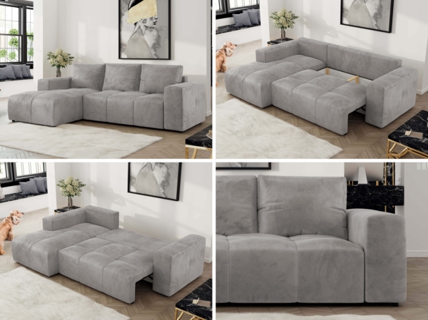 Ecksofa mit Schlaffunktion und Bettkasten, L-form Couch, lose Kissen, Polstersofa - MONIVA - Hellgrau Velours - linke Seite Bild 2