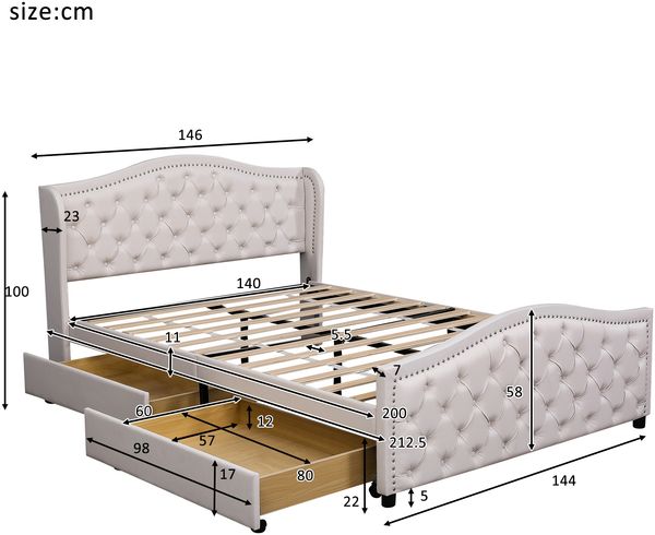 Polsterbett 140x200 cm mit 2 Schubladen, Chesterfield-Design, Weiß, ohne Matratze Bild 9