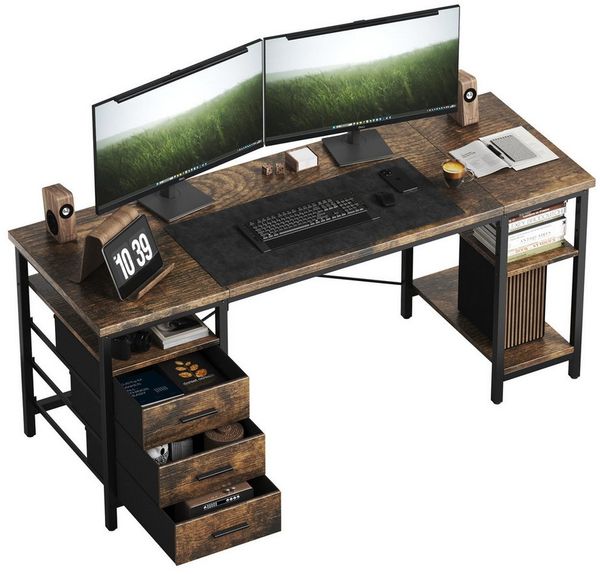 Patbrela Schreibtisch 120/140/160 x 60 x 75 cm Umkehrbarer PC Tisch, Bürotisch Moderner Stil, Schreibtisch mit 3 Schubladen und 3 Justierbaren Regalen