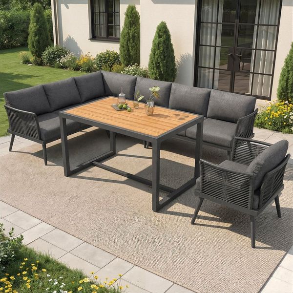 Flieks Gartenlounge-Set, 7-Sitzer L-Form Gartenmöbel Sitzgruppe Eckgarnitur mit großem Esstisch