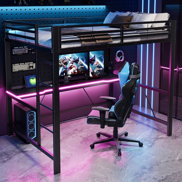Merax Hochbett, 140x200cm, Kinderbett, Jugendbett, Gaming-Metall-Hochbettgestell mit LED-Beleuchtung, USB-Ladestation und Schreibtisch, Schwarz