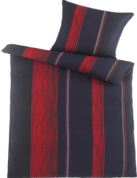 KH-Haushaltshandel Bettwäsche Seersucker Bettwäsche 135x200 +80x80 cm, längs gestreift, Seersucker, 2 teilig, rot schwarz, bügelfrei
