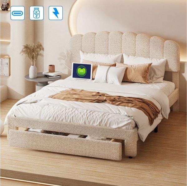 Gdood Polsterbett Doppelbett Stauraumbett Mit Ladefunktion (Geeignet für Jugendliche und Kinder), Mit USB + TYPE-C, Lattenrost, Schublade, Teddy-Samt, 140x200 cm