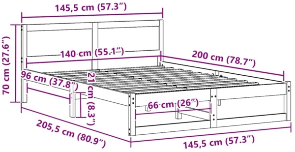 vidaXL Bettrahmen mit Kopfteil Weiß 140 x 200 cm Massives Kiefernholz 873272 Bild 9