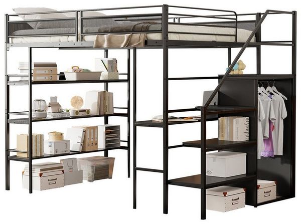 Flieks Hochbett Metallbett 140x200 cm mit Schreibtisch Stauraumtreppe Kleiderschrank