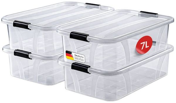 KONZEPT Aufbewahrungsbox Plastikbox mit Deckel Set 4 Stk. 7L /14L Transparent, Stapelbar, Abschließbar, Feuchtigkeitsbeständig, Luftdicht