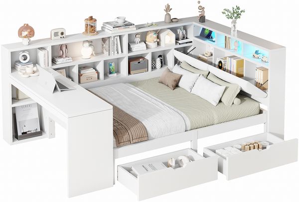 90x200 L-förmiges Holz-Plattformbett mit Schreibtisch und Bücherregal, Eck-Kapitänsbett mit gepolstertem Kopfteil, Schubladen unter dem Bett, LED-Licht - Weiß