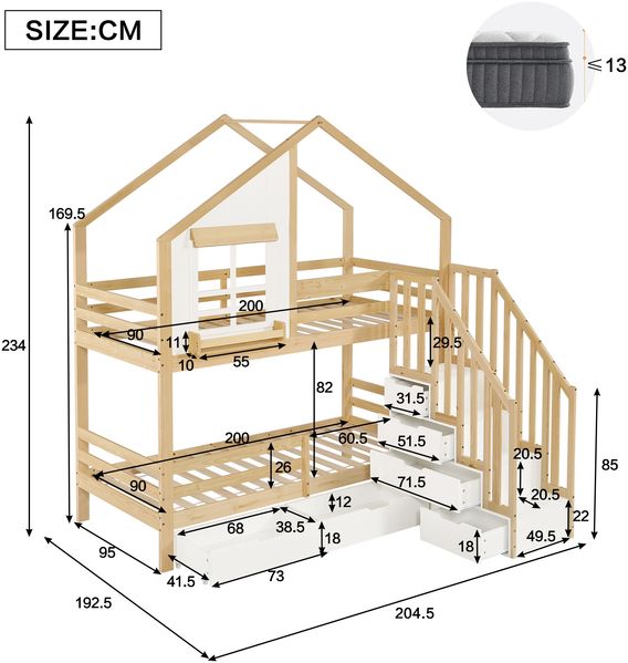 Merax Etagenbett, 90x200cm Kinderbett, Zwei Schubladen mit Rollen, Exquisite Fenster, Sicherheitsleiter mit Handläufen, Kiefer + MDF, Weiß+Natur Bild 4