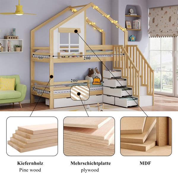 Merax Etagenbett, 90x200cm Kinderbett, Zwei Schubladen mit Rollen, Exquisite Fenster, Sicherheitsleiter mit Handläufen, Kiefer + MDF, Weiß+Natur Bild 5
