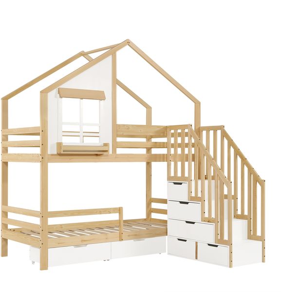 Merax Etagenbett, 90x200cm Kinderbett, Zwei Schubladen mit Rollen, Exquisite Fenster, Sicherheitsleiter mit Handläufen, Kiefer + MDF, Weiß+Natur Bild 9