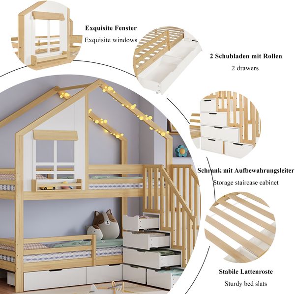 Merax Etagenbett, 90x200cm Kinderbett, Zwei Schubladen mit Rollen, Exquisite Fenster, Sicherheitsleiter mit Handläufen, Kiefer + MDF, Weiß+Natur Bild 6