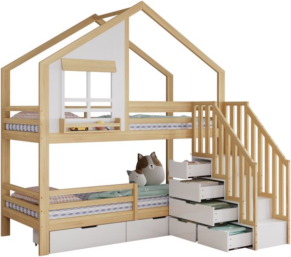 Merax Etagenbett, 90x200cm Kinderbett, Zwei Schubladen mit Rollen, Exquisite Fenster, Sicherheitsleiter mit Handläufen, Kiefer + MDF, Weiß+Natur Bild 10