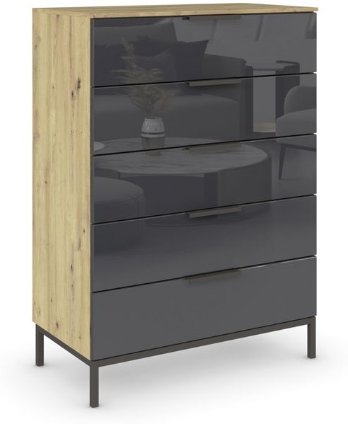 Rauch Möbel Flipp, Nachttisch für Schlafzimmer, Flur, Garderobe, 5 Schubladen, mit Softclose Funktion, Griffe und Metallkufe Graphit, Farbe Eiche Artisan, Holz/Glas Basalt, Schwarz, Breite 80 cm