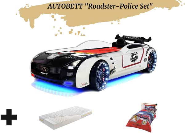 Autobett Kinderbett "Roadster Police" Schwarz Weiß LED Sound Sportsitze Lattenrost Spoiler 90x190 cm