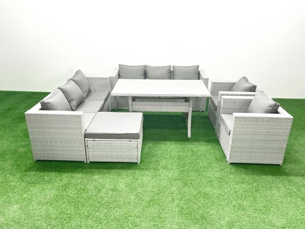 Fimous Rattan Gartenmöbel-Set Outdoor 8 Sitzer mit Esstisch 2 Sesseln Großer Fußhocker Hellgrau gemischt