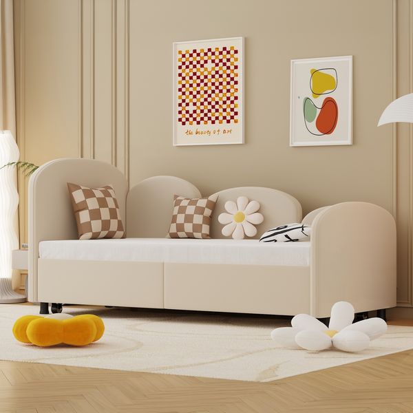 Kinderbett, Samt mit Schublade im Blumen-Design, 90x200 cm, Beige, ohne Matratze