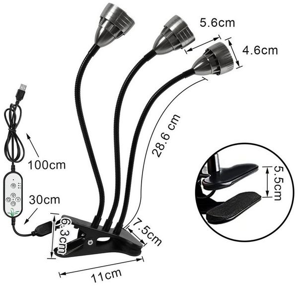 MUPOO Pflanzenlampe Vollspektrum Wachstumslampen Auto Timer,USB Grow Lamp,Clip on, 3 Köpfe, 5 Stufen Dimmbar für Zimmerpflanzen,Sonnenlicht