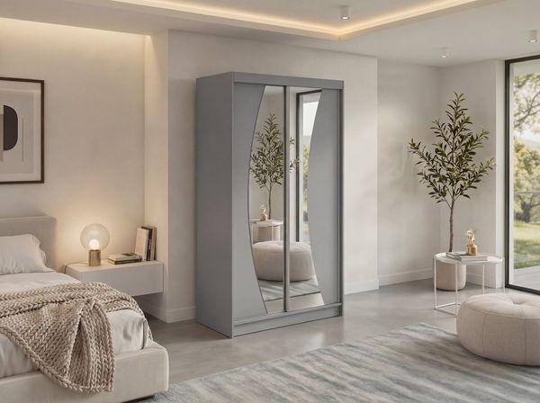 Schwebetürenschrank VERONA mit großer Spiegelfront, moderner Kleiderschrank, Breite 120 cm - Grau, inkl. Innenausstattung