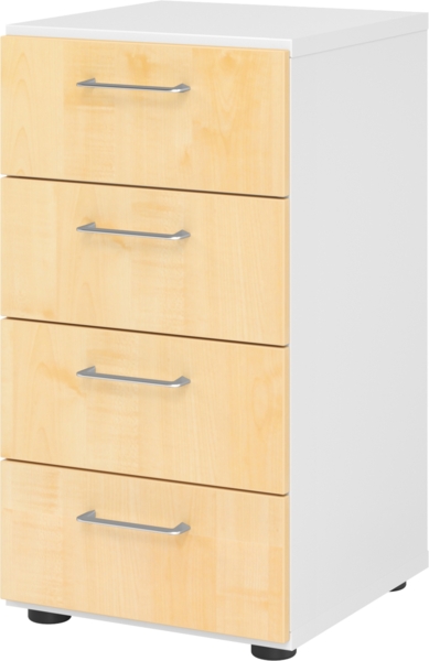 bümö smart Schubladenschrank, Büroschrank in Weiß/Ahorn mit 4 Schüben - Bürocontainer aus Holz, Container mit Metallgriffen & Soft-Stop Schubladen, 924S4-W-3-BS