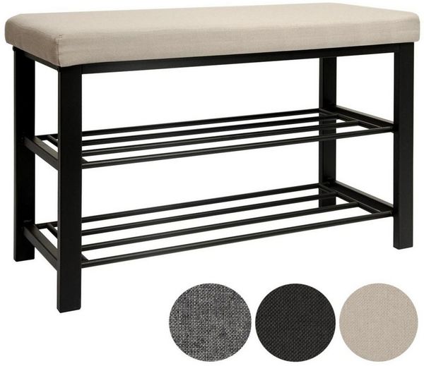 DuneDesign Schuhregal 81 x 32 x 46 cm offener Schuhschrank mit 2 Böden stabile Sitzbank Schuhbank aus Metall mit gepolsterter Leinen Sitzfläche Beige