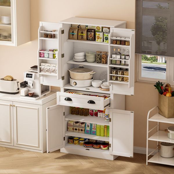 182 cm Aufbewahrungsschrank, 4 Türen und 1 Schublade, 2 Türen mit Ablageflächen, 6 Staufächer und 4 verstellbare Ablageflächen, geeignet für Küche, Esszimmer und Wohnzimmer, weiß
