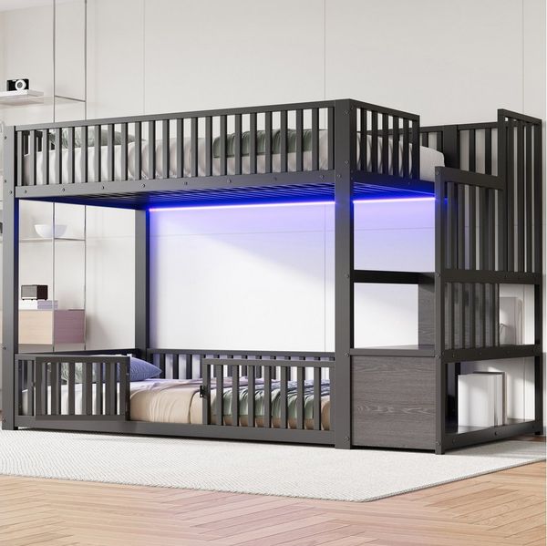 Merax Etagenbett mit LED-Beleuchtung (Jugendbett für Kinderzimmer, Gästezimmer, 1-St), Metallbett Kinderbett 90x200cm mit Stauraumleiter, Schutzgittern & Tür