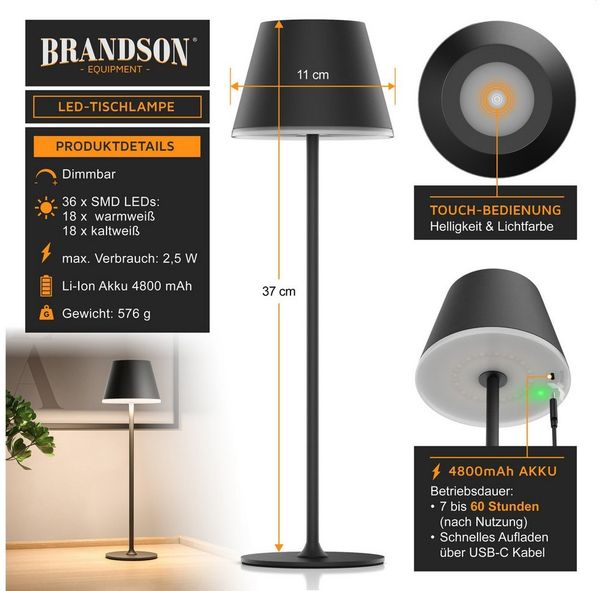 Brandson LED Tischleuchte mit Akku, Kabellos, mit Touch, Helligkeit stufenlos dimmbar, aus Metal, Dimmfunktion, Ein-/Ausschalter, Farbwechsel, mehrere Helligkeitsstufen, LED fest integriert, Kaltweiß, Neutralweiß, Warmweiß, Tischlampe, Nachttischlampe,...