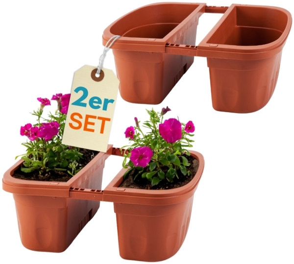 2er Set Blumenkasten Balkongeländer Beidseitig Balkon Blumenkasten Doppelseitig Balkonkasten mit Halterung Geländerkasten mit Wasserspeicher Teracotta 40 cm